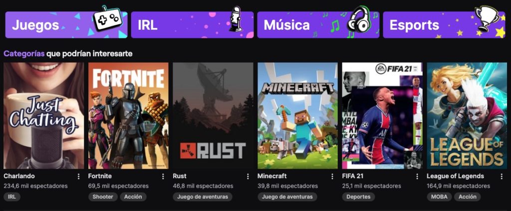 Categorías de contenido en Twitch